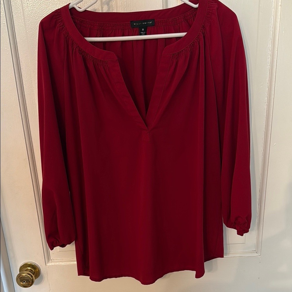 Willi Smith Red Tunic Relaxed V-Neck 3/4 Sleeve